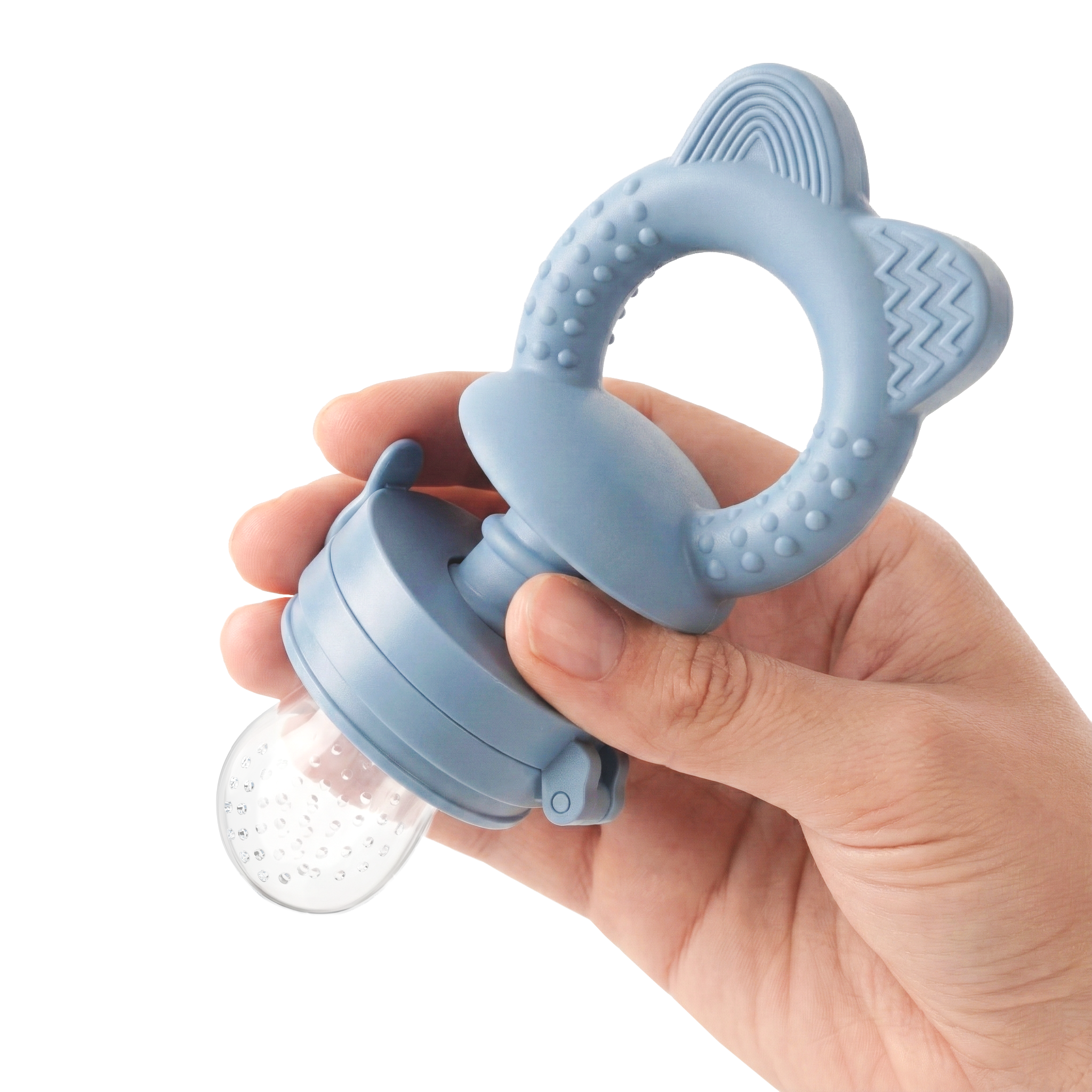 Blue MAMAMEEPA baby fruit feeder held in hand showing teething ring and silicone pouch