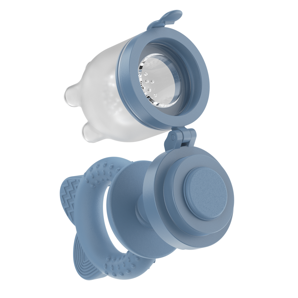 Blue baby fruit feeder disassembled showing silicone pouch and teething ring by MAMAMEEPA