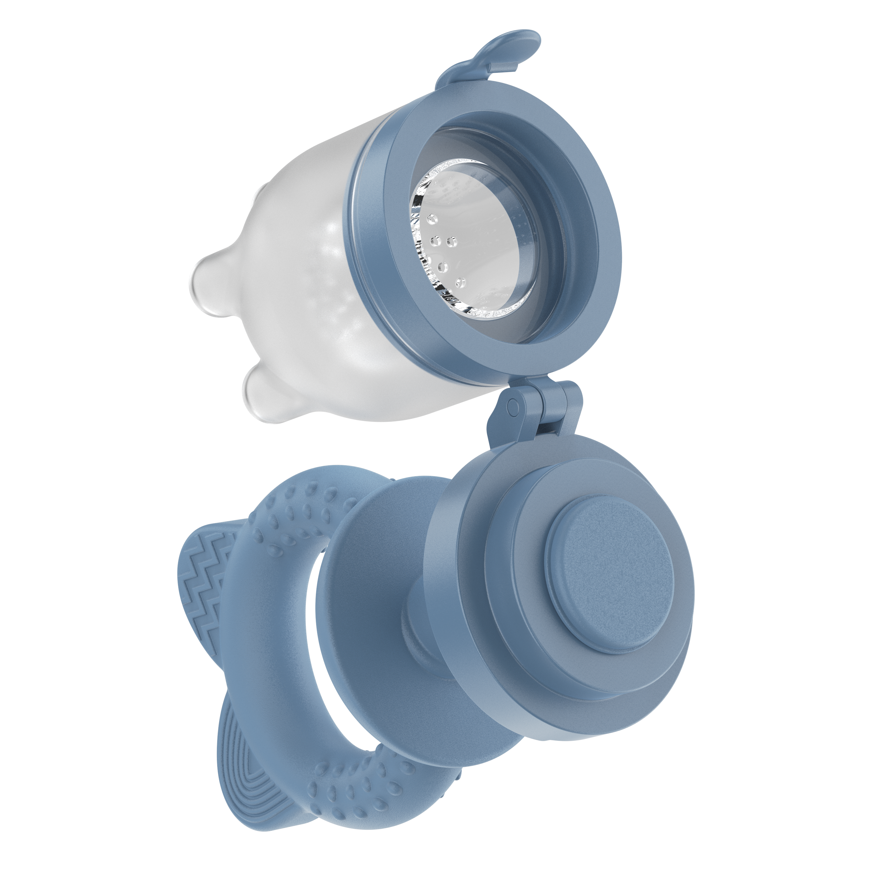 Blue baby fruit feeder disassembled showing silicone pouch and teething ring by MAMAMEEPA