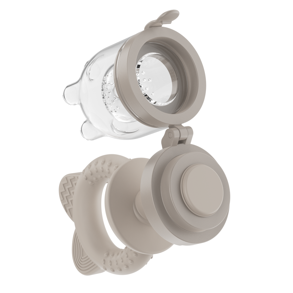 Gray baby fruit feeder disassembled showing silicone pouch and teething ring by MAMAMEEPA