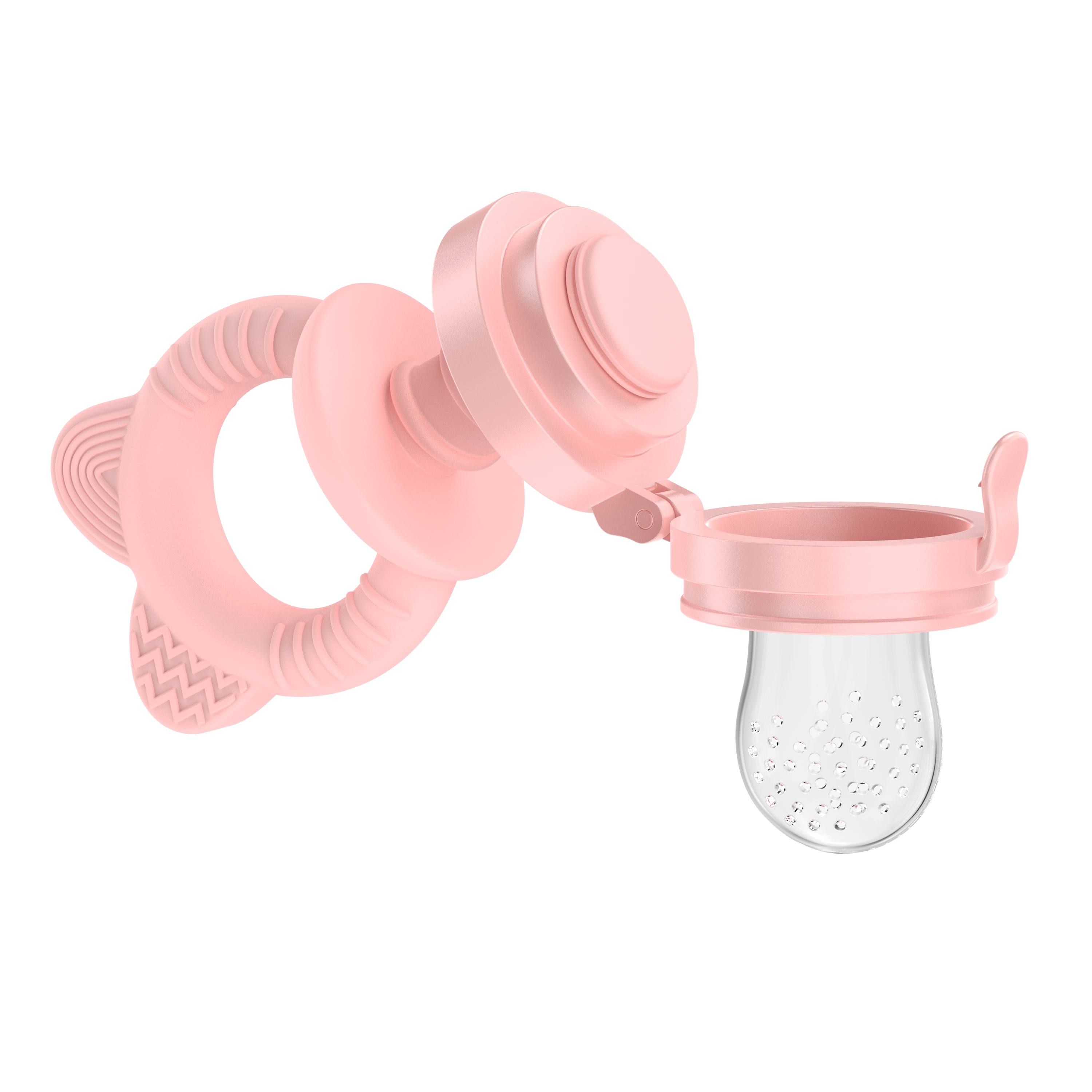 Pink baby fruit feeder disassembled with teething ring and silicone pouch by MAMAMEEPA