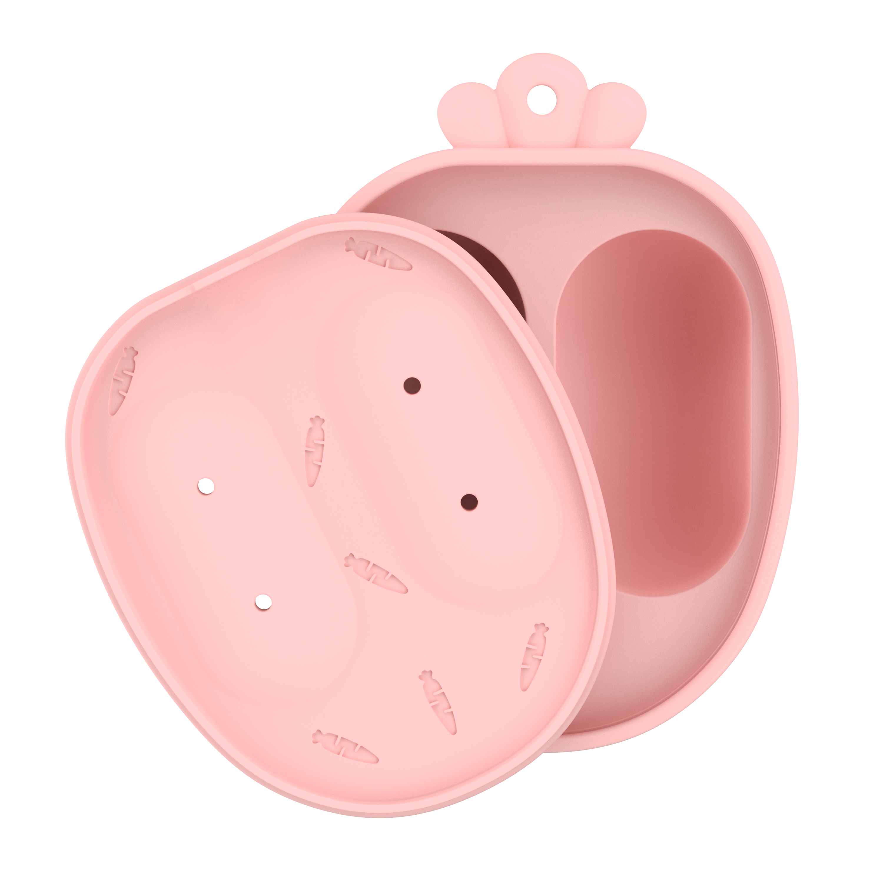 Open pink popsicle molds with carrot pattern detail from MAMAMEEPA feeding set