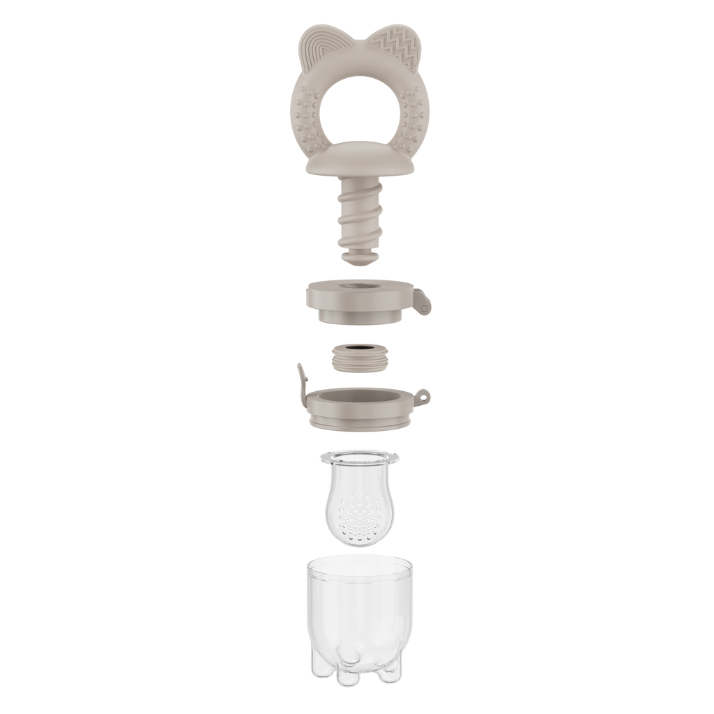 Exploded view of gray MAMAMEEPA baby fruit feeder showing all detachable parts