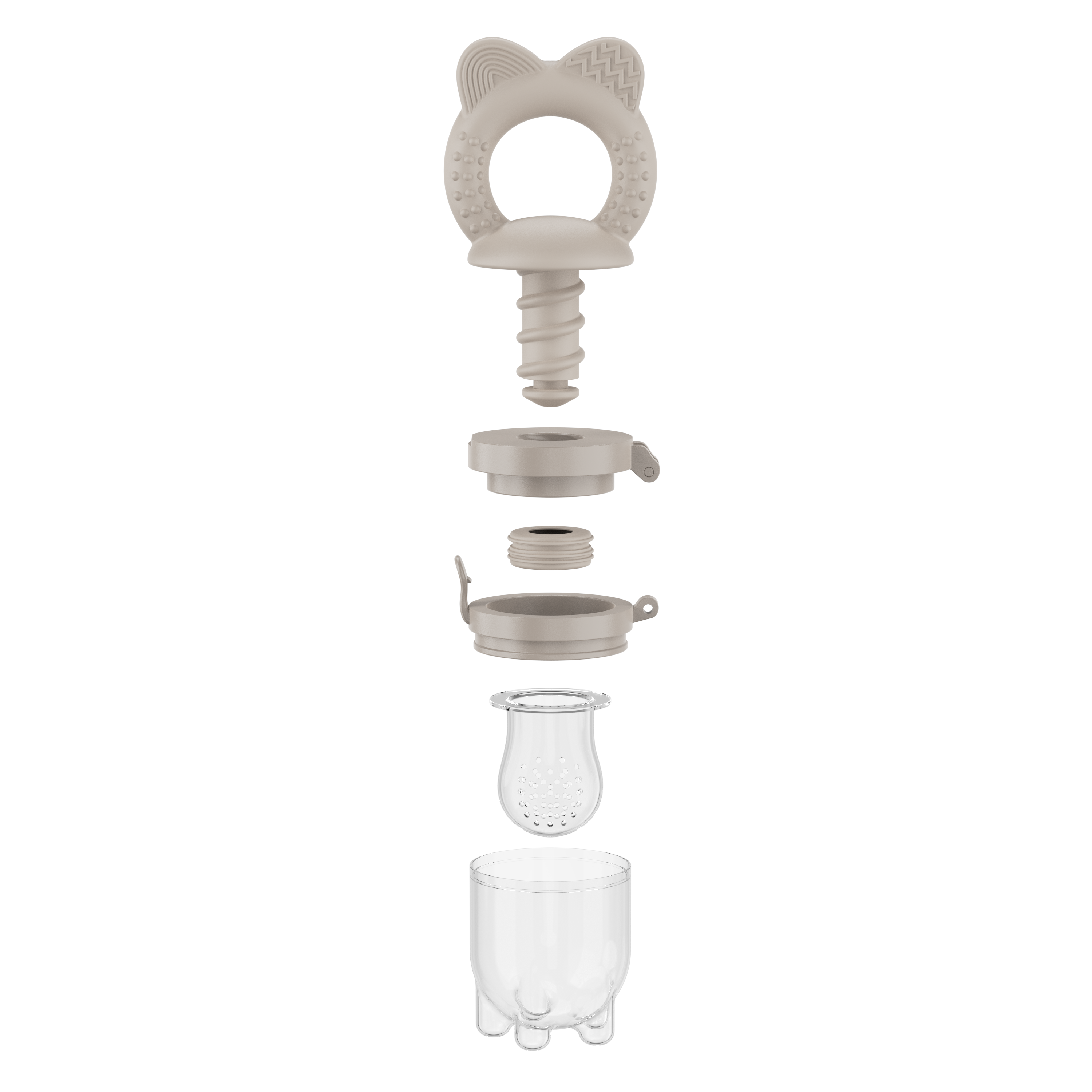 Exploded view of gray MAMAMEEPA baby fruit feeder showing all detachable parts