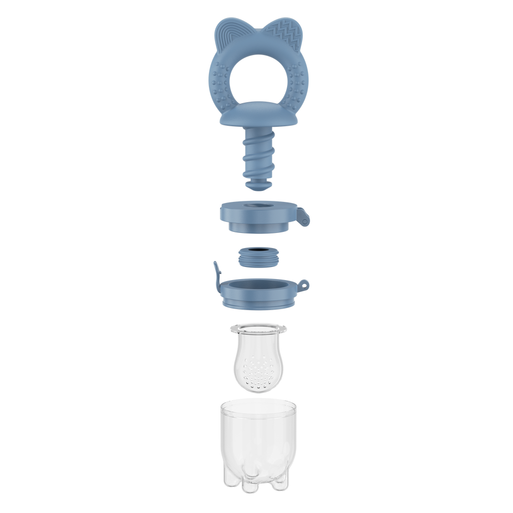 Exploded view of blue MAMAMEEPA baby fruit feeder showing all detachable parts