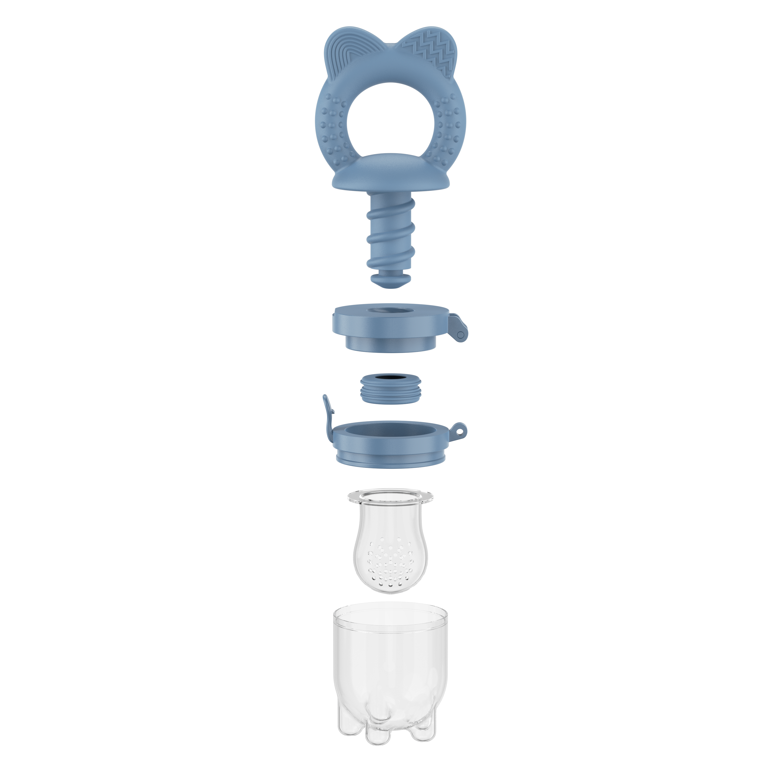 Exploded view of blue MAMAMEEPA baby fruit feeder showing all detachable parts