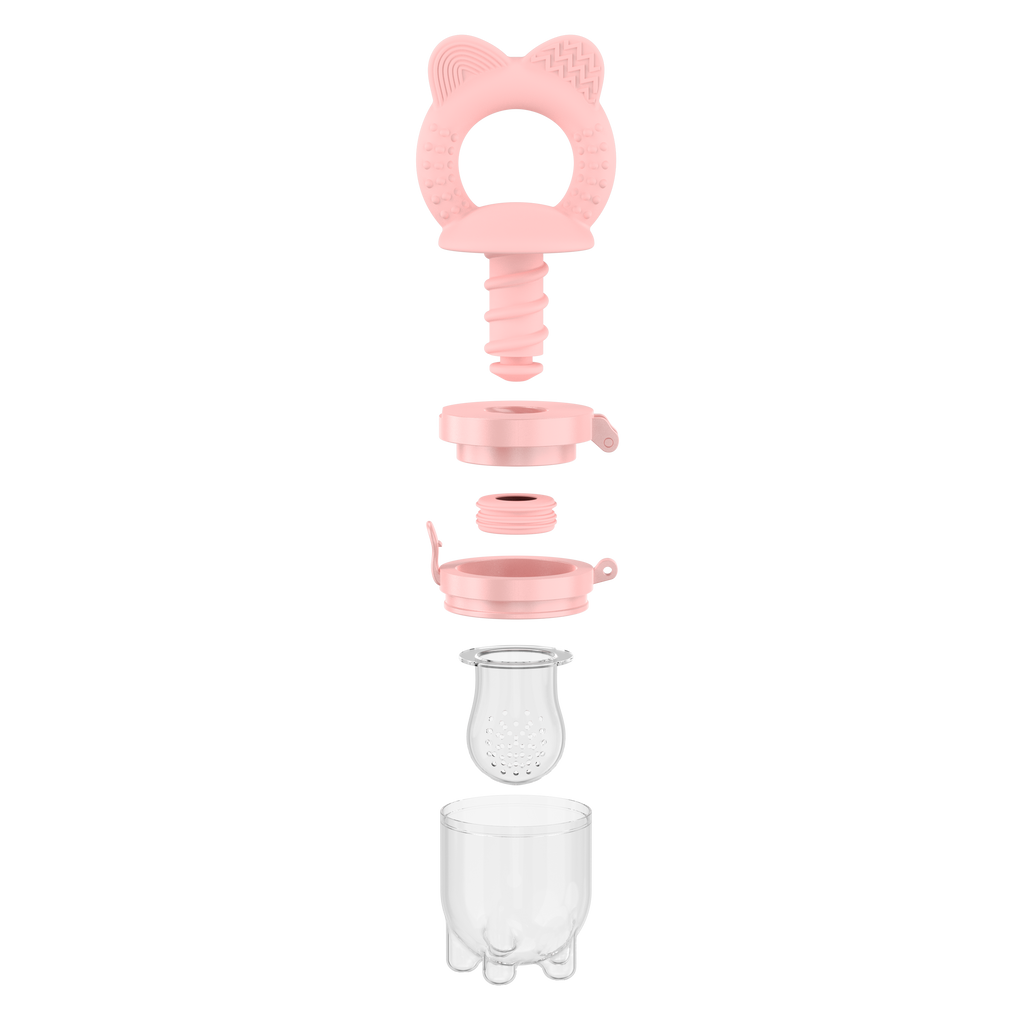 Exploded view of pink MAMAMEEPA baby fruit feeder showing all detachable parts