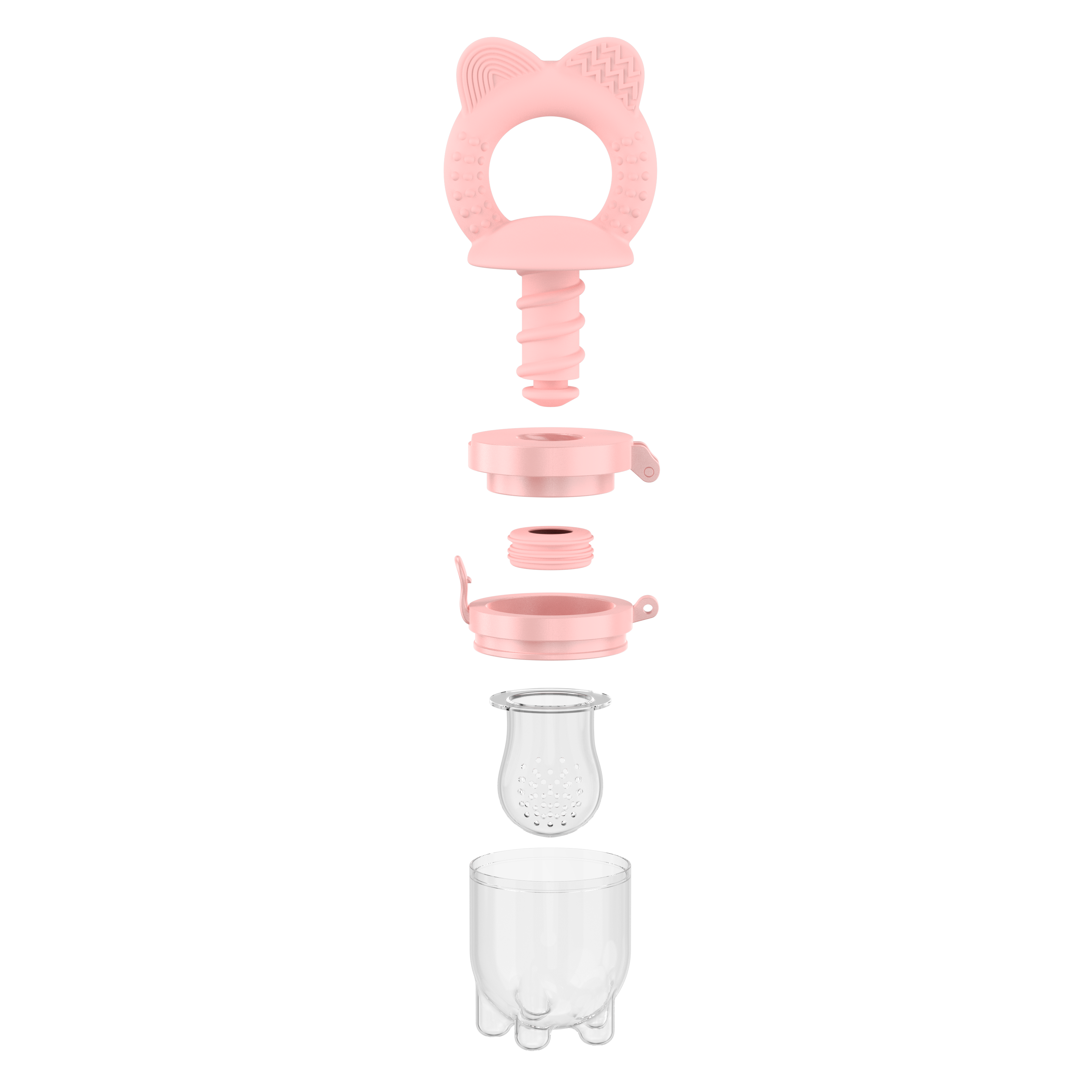 Exploded view of pink MAMAMEEPA baby fruit feeder showing all detachable parts